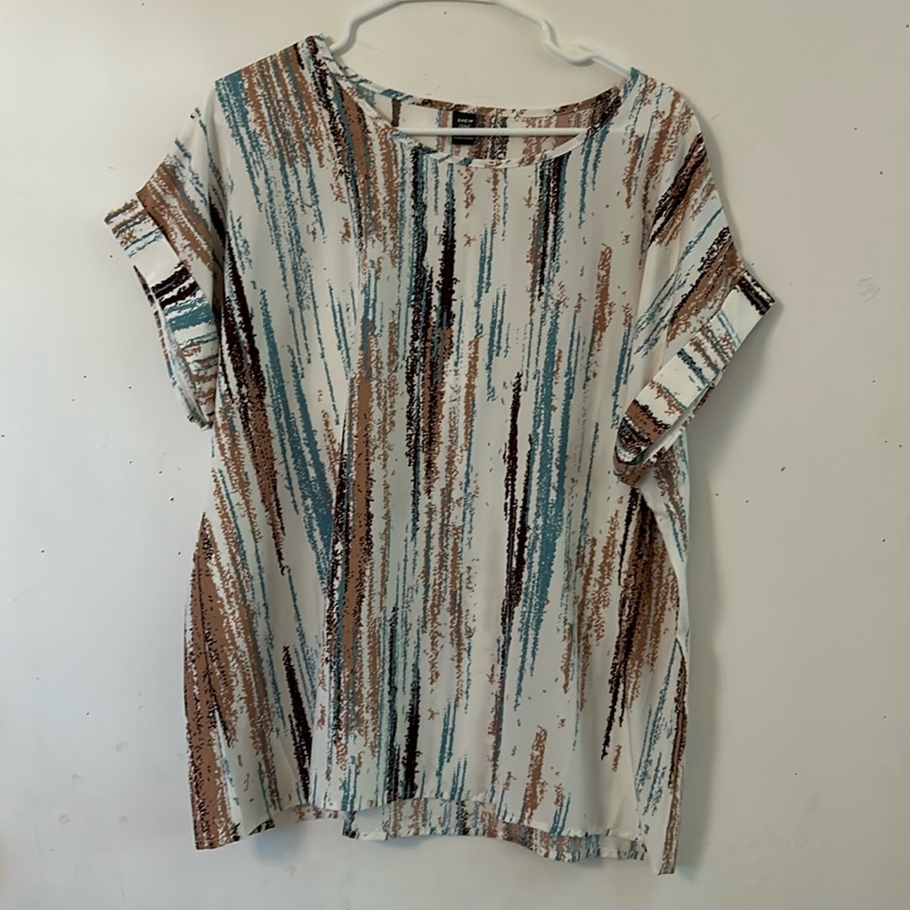 SHEIN white tan and teal blouse